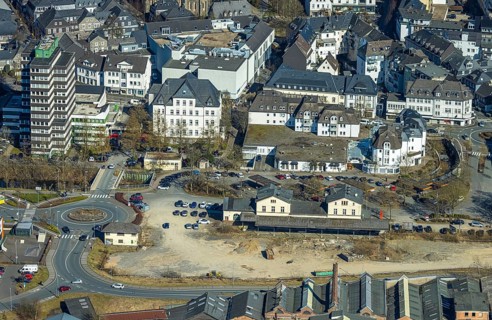 Aerial view, former Olpe railway station, left Olpe town hall, Am Bahnhof, Altes Lyzeum (music