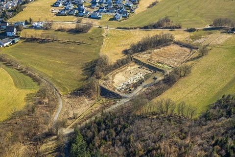 Aerial view, fallow land An den Klippen, Olpe-Stadt, Olpe, Sauerland, North Rhine-Westphalia,