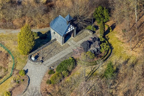 Aerial view, Lourdes Grotto with gardens, Altenkleusheim, Olpe, Sauerland, North Rhine-Westphalia,