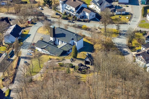 Aerial view, Lourdes Grotto and St Joseph's Church, Altenkleusheim, Olpe, Sauerland, North