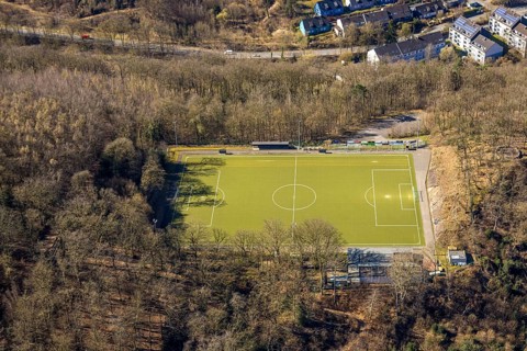 Aerial view, sports field Am Brasberg football stadium in the forest, Wengern, Wetter, Ruhr area,