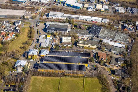 Aerial view, Taprogge GmbH mechanical engineering company factory buildings, in the industrial