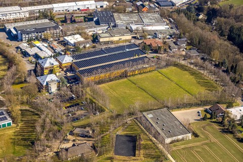Aerial view, Taprogge GmbH mechanical engineering company factory buildings, in the industrial