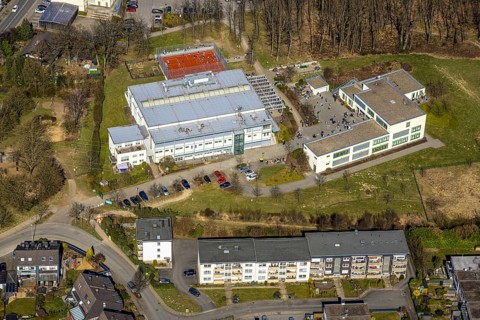 Aerial view, Georg-Müller-Schule comprehensive school with schoolyard and pupils, red football
