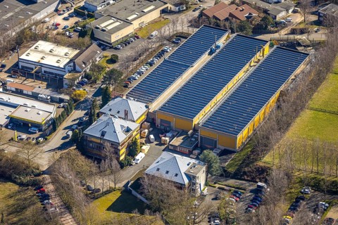 Aerial view, Taprogge GmbH mechanical engineering company factory buildings, in the industrial
