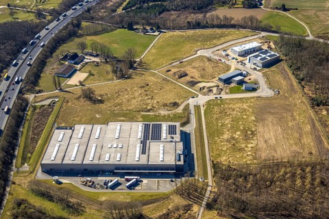 Aerial view, industrial estate An den Drei Eichen, AOS Stahl GmbH, Koro RIW company premises,