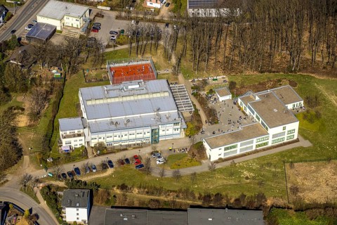 Aerial view, Georg-Müller-Schule comprehensive school with schoolyard and pupils, red football