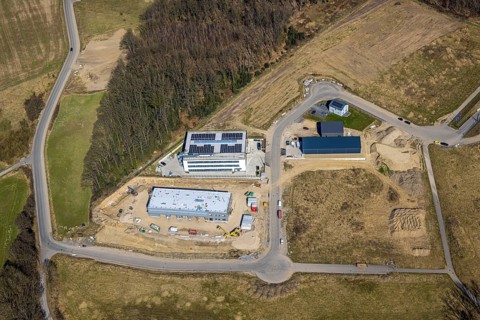 Aerial view, industrial estate An den Drei Eichen, Koro RIW company premises, Grundschöttel,