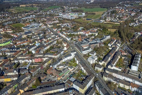 Aerial view, residential area Ardeystraße and Crendeldanzstraße, in the centre Marienhospital and