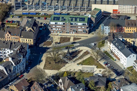 Aerial view, Karl-Marx-Platz redesign, Germania Denkmal design by architect Heinrich Klutmann, new
