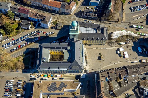 Aerial view, town hall with renovation, market square, Witten, Ruhr area, North Rhine-Westphalia,