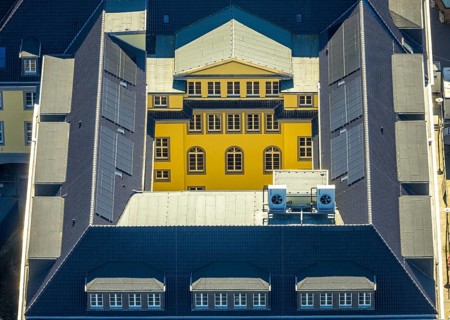 Aerial view, town hall with renovation, inner courtyard window front, shapes and colours, Witten,