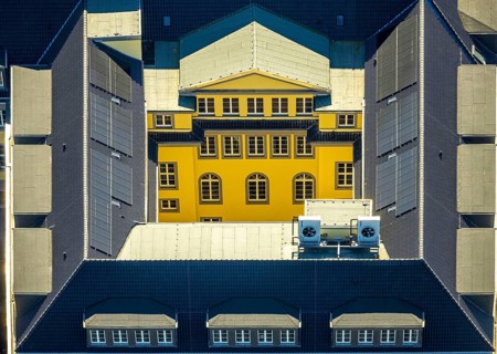 Aerial view, town hall with renovation, inner courtyard window front, shapes and colours, Witten,
