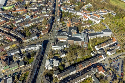 Aerial view, residential area Ardeystraße and Crendeldanzstraße, in the centre Marienhospital and