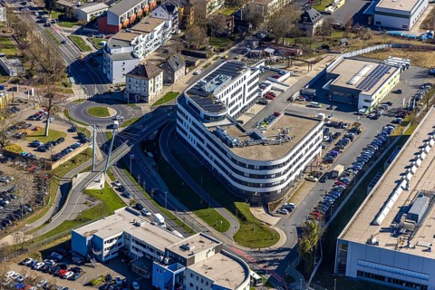 Aerial view, medical centre Pferdebachstraße, extension new building and roundabout, bridge cycle