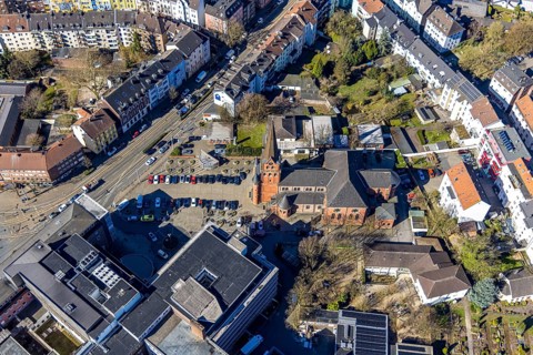 Aerial view, St. Mary's Catholic Church, Parish Church of Our Lady of Victory, sunshine, Witten,