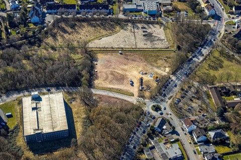 Aerial view, rainwater retention basin at Pferdebachstraße with roundabout, on the left the