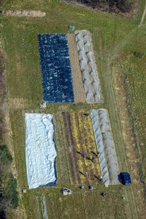 Aerial view, covering tarpaulins in the herb garden and gardening at Christopherus-Haus e.V. -