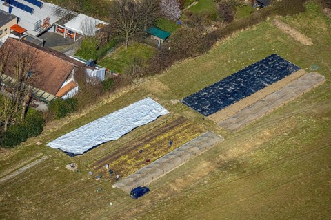 Aerial view, covering tarpaulins in the herb garden and gardening at Christopherus-Haus e.V. -