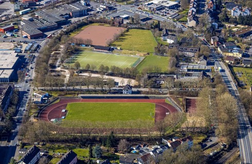Aerial view, sports facility Wullenstadion, football stadium FSV Witten and VfB Annen, between
