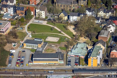 Aerial view, construction site educational quarter, park of generations with indoor swimming pool,