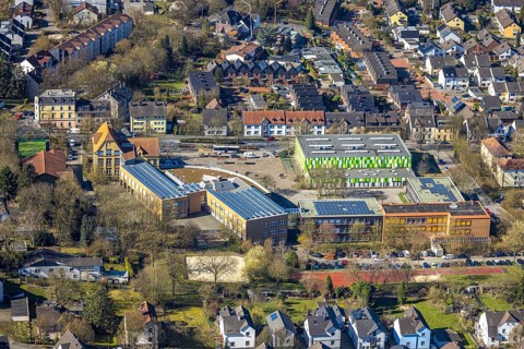 Aerial view, Holzkamp comprehensive school with sports hall, Annen, Witten, Ruhr area, North