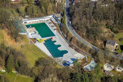 Aerial view, outdoor swimming pool Annen, swimming pool, swimming pool and water slide, Annen,