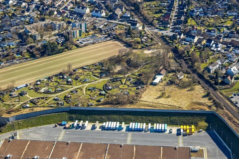 Aerial view, KGV allotment garden association Mellmausland with circular arrangement, at the Amazon