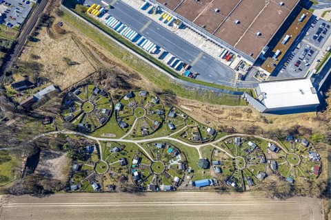 Aerial view, KGV allotment garden association Mellmausland with circular arrangement, at the Amazon