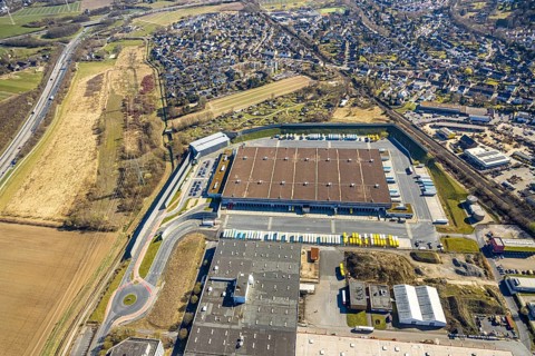 Aerial view, Amazon logistics centre, KGV allotment garden association Mellmausland with circular