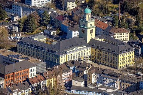 Aerial view, town hall with renovation, Witten, Ruhr area, North Rhine-Westphalia, Germany,