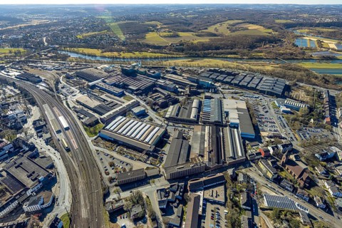 Aerial view, Deutsche Edelstahlwerke Steel Gmbh, view to the river Ruhr and into the Muttental