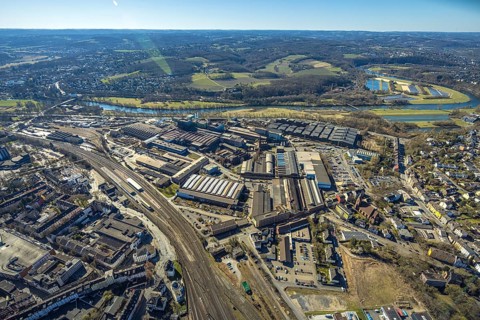 Aerial view, Deutsche Edelstahlwerke Steel Gmbh, view to the river Ruhr and into the Muttental