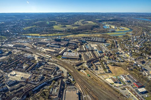 Aerial view, Deutsche Edelstahlwerke Steel Gmbh, view to the river Ruhr and into the Muttental
