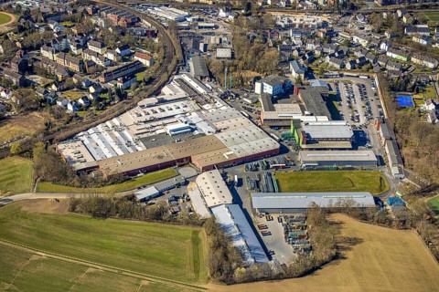 Aerial view, Pilkington Automotive Deutschland GmbH, factory premises at Almstraße, sunshine,