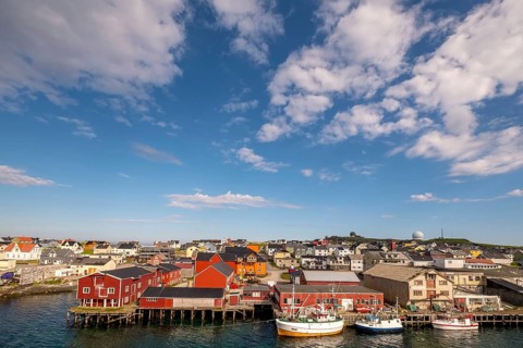 Fishing boats in the harbour, Vardø observatory, view of Vardø, Finnmark, Norway, Scandinavia,
