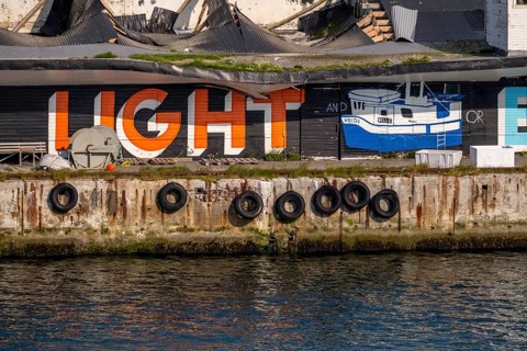 Street Art Eternal Light Eternal Night, in the harbour, Vardø, Finnmark, Norway, Scandinavia,