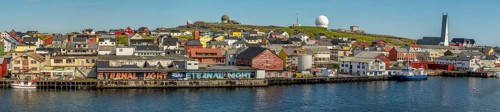 Panoramic photo harbour and town view, Street Art Eternal Light Eternal Night, observatory, church,