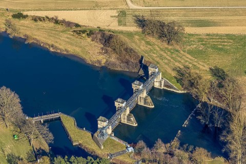 Aerial view, Fröndenberger Wehr am Fluss Ruhr, Wickede, Soester Börde, North Rhine-Westphalia,