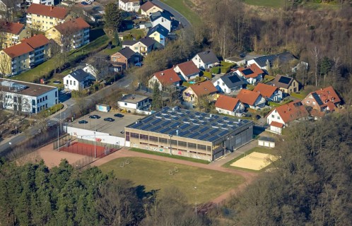 Aerial view, Gerken sports hall with solar roof, sports field and football pitch, Echthausen,