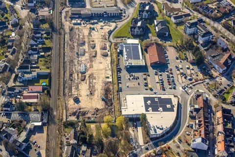 Aerial view, construction site Am Park, shopping centre with Aldi supermarket, Edeka Heder and
