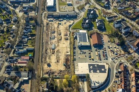 Aerial view, construction site Am Park, shopping centre with Aldi supermarket, Edeka Heder and