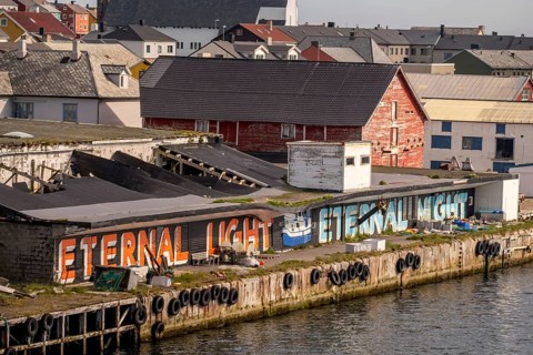 Street Art Eternal Light Eternal Night, harbour Vardø, Finnmark, Norway, Scandinavia, Europe,