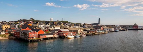 Panorama, Vardø Observatory, harbour with fishing boats, church and view of Vardø, Finnmark,