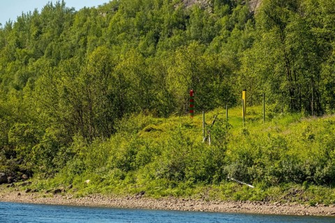 Border Norway-Russia, border posts, yellow border post Norway, red-green border post Russia,