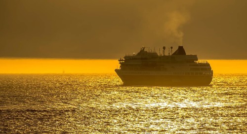Ship MS Finnmarken, in the morning light, backlight, Berlevåg, Finnmark, Norway, Scandinavia,