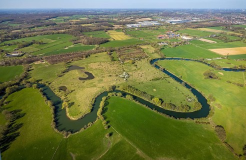 Aerial view, river Lippe meander, Lippe floodplain nature reserve from Werne to Heil, city limits