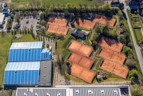 Aerial view, tennis courts TC Blau-Weiss-Werne and Sport Alm Tennishalle Werne, Werne, Ruhr area,