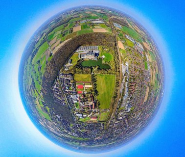 Aerial photo, Werne am See hospital, forest strip, globe, fisheye image, fisheye image, 360 degree