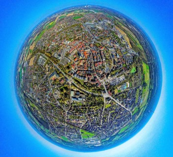 Aerial view, residential area, view of town centre, earth globe, fisheye shot, fisheye shot, 360